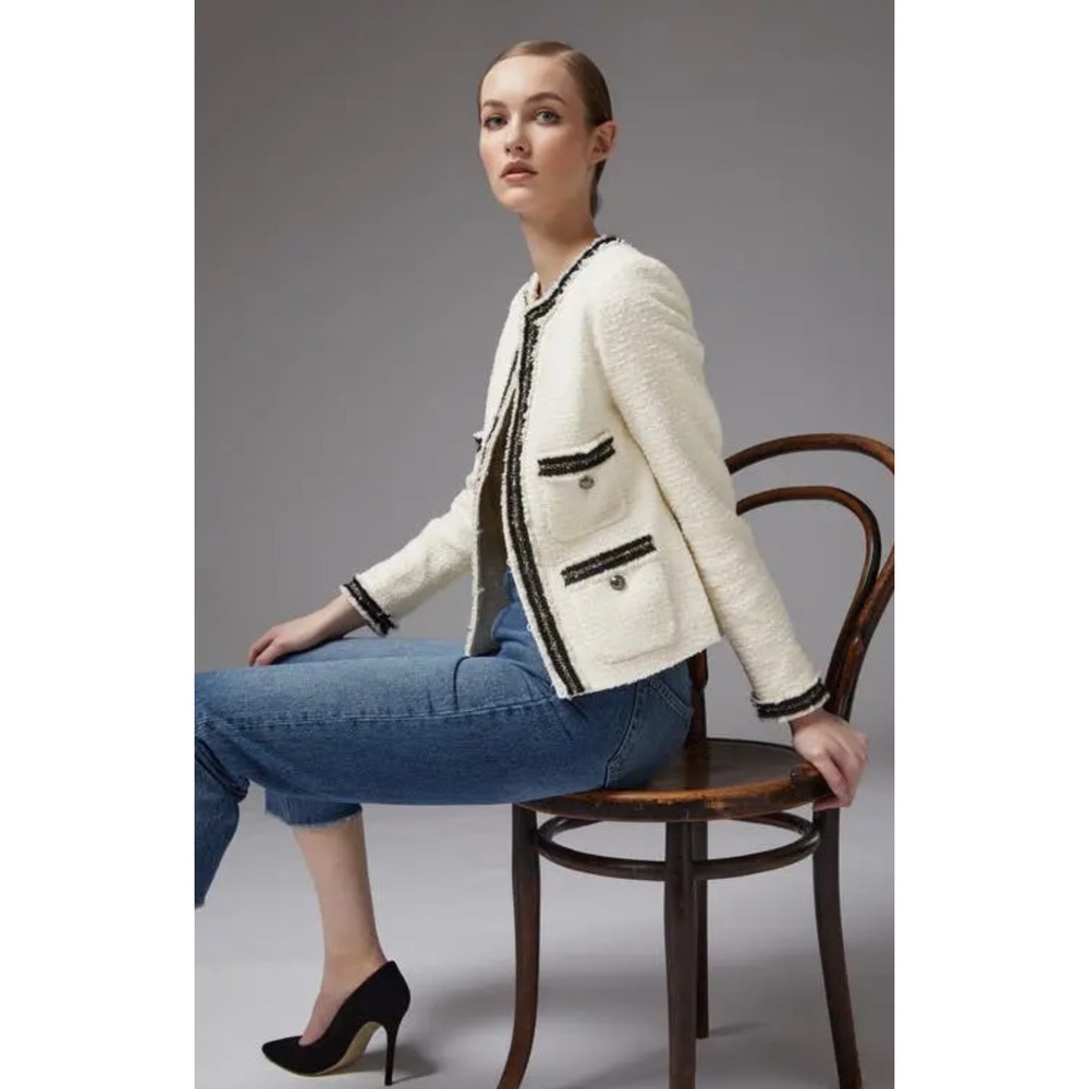 J.Crew Emilie Patch-Pocket Cardigan Sweater Ivory Black Gold Button XS BK048